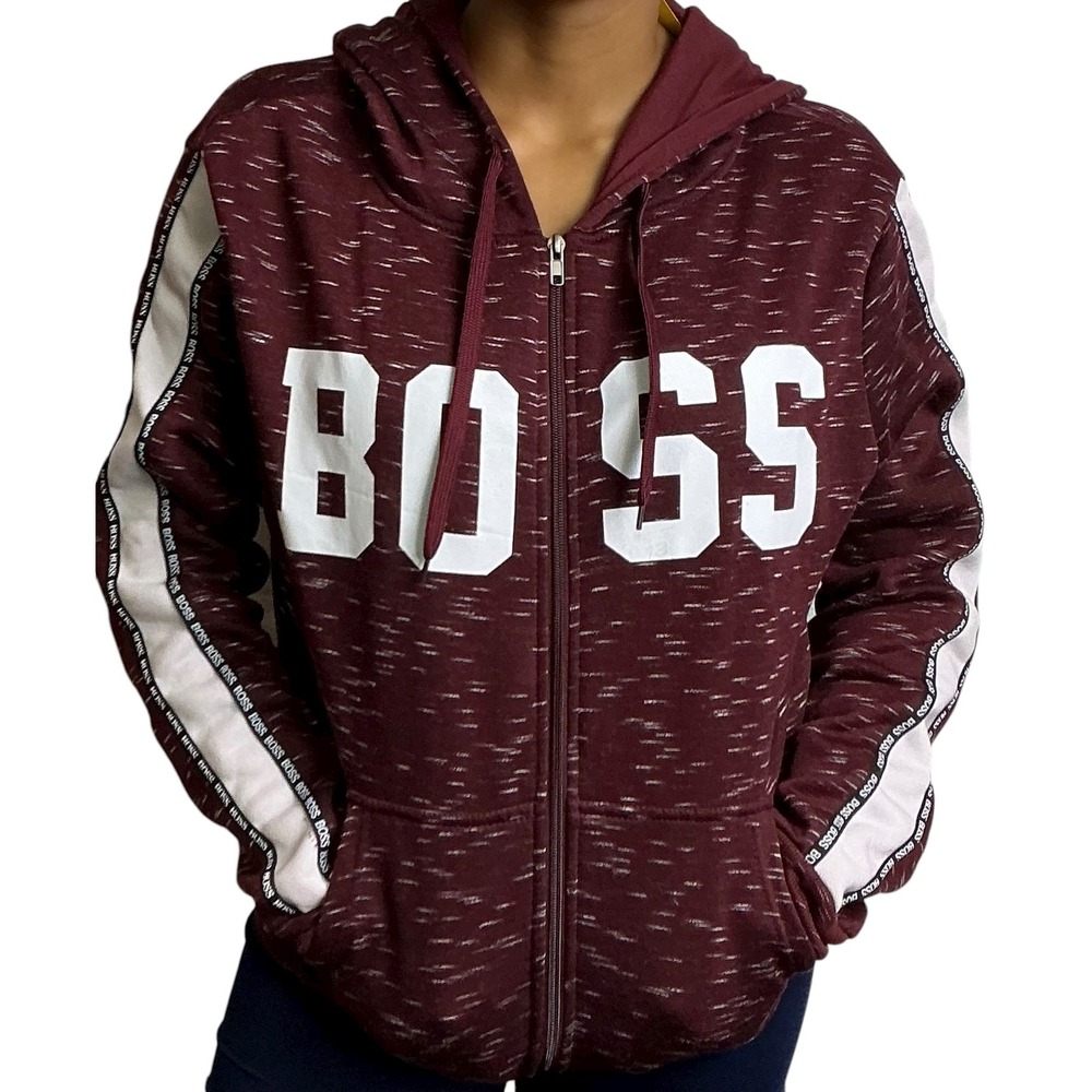BOSS Burgundy Heathered Full Zip‎ Up Hoodie Sweatshirt Women's Activewear